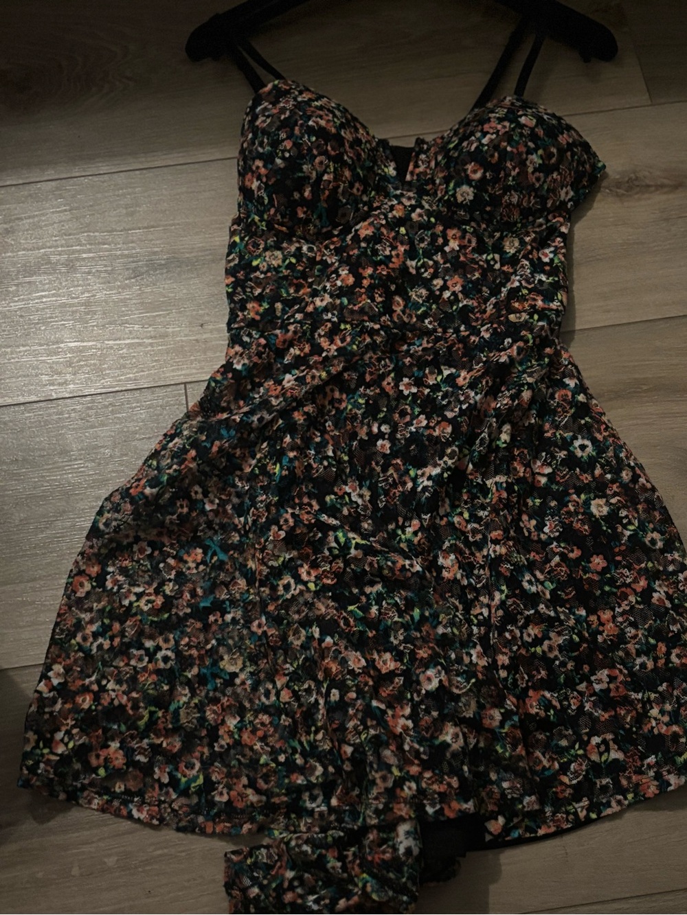 Material Girl Strapless Floral Dress in Black with Multicolor Print